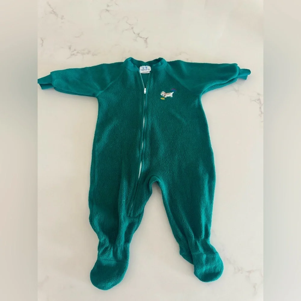 Vintage Carter’s Teal Fleece Footed Sleeper Dog Zip Pajamas 90s 6-12 months
