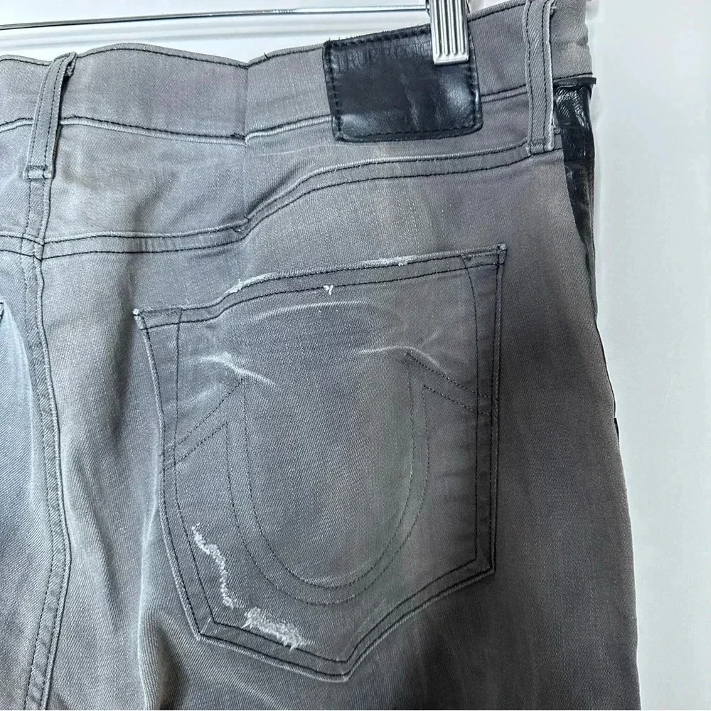True Religion Mens Gray Rocco Relaxed Skinny Light Distressed Side Stripe Jeans
