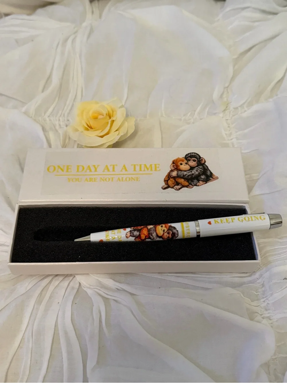 Cute Hugging Monkey Punch Ballpoint Pen White with Box With Phrase Motivational