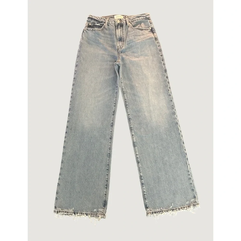 FRAME Le Jane Wide Leg High Rise Jeans Light Wash Raw Hem Size 27 NEW 1401