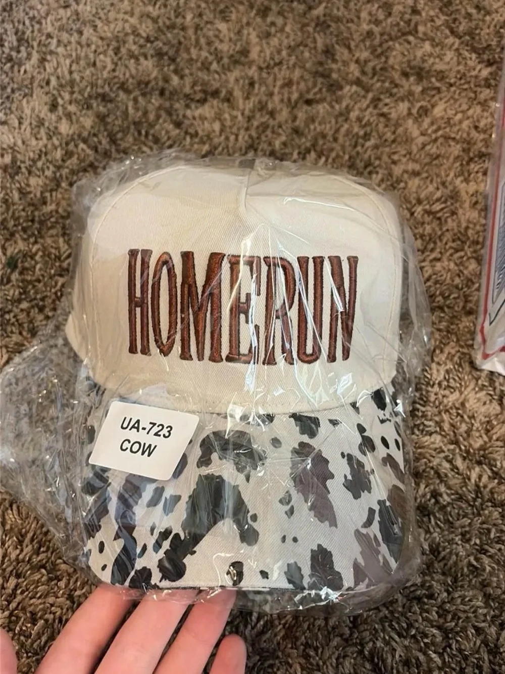 Beige Cow Print Baseball Cap - HOME RUN Logo