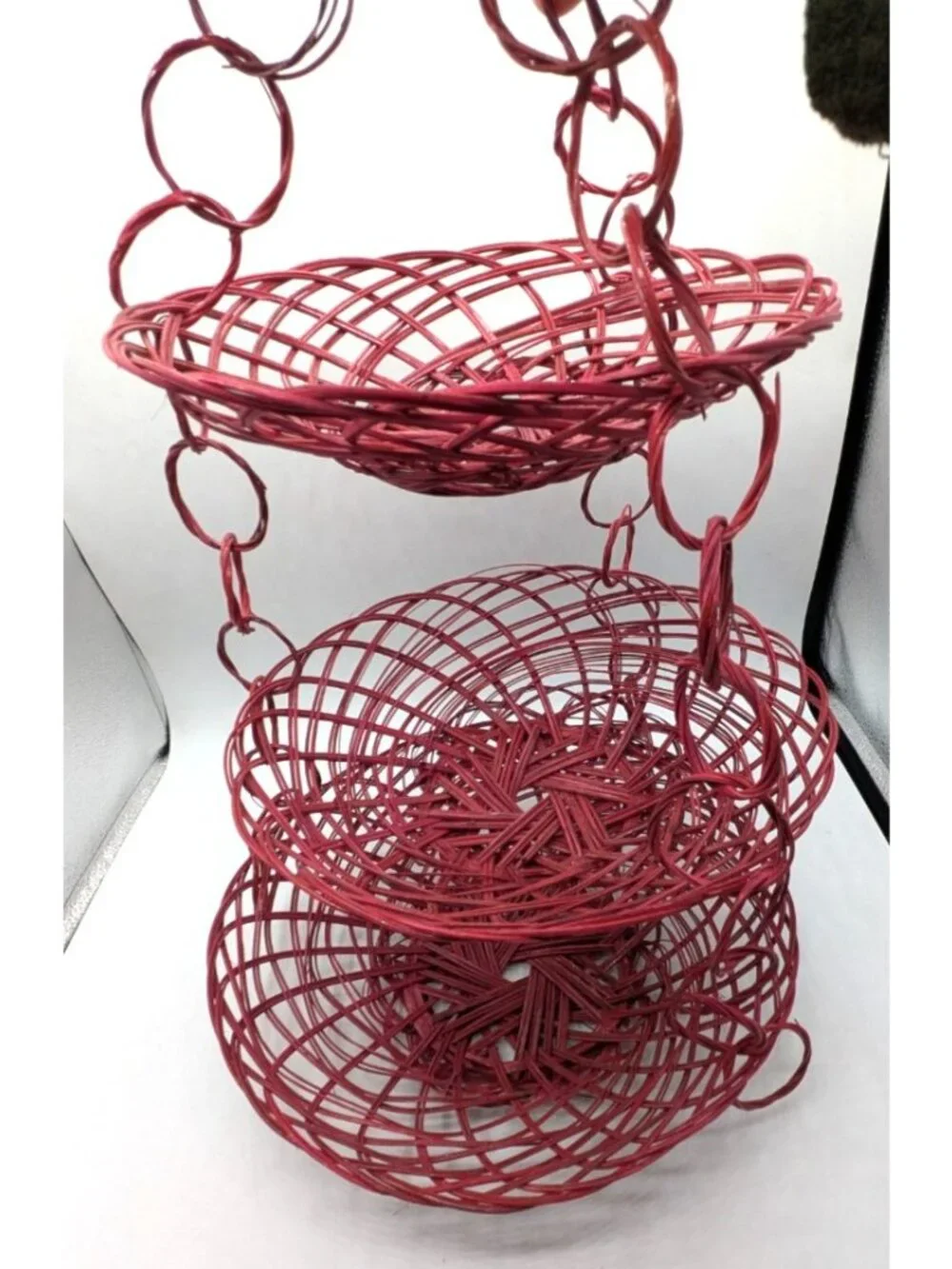 Vintage Red Wicker Hanging Three 3 Tier Basket Boho Plant Fruit 22