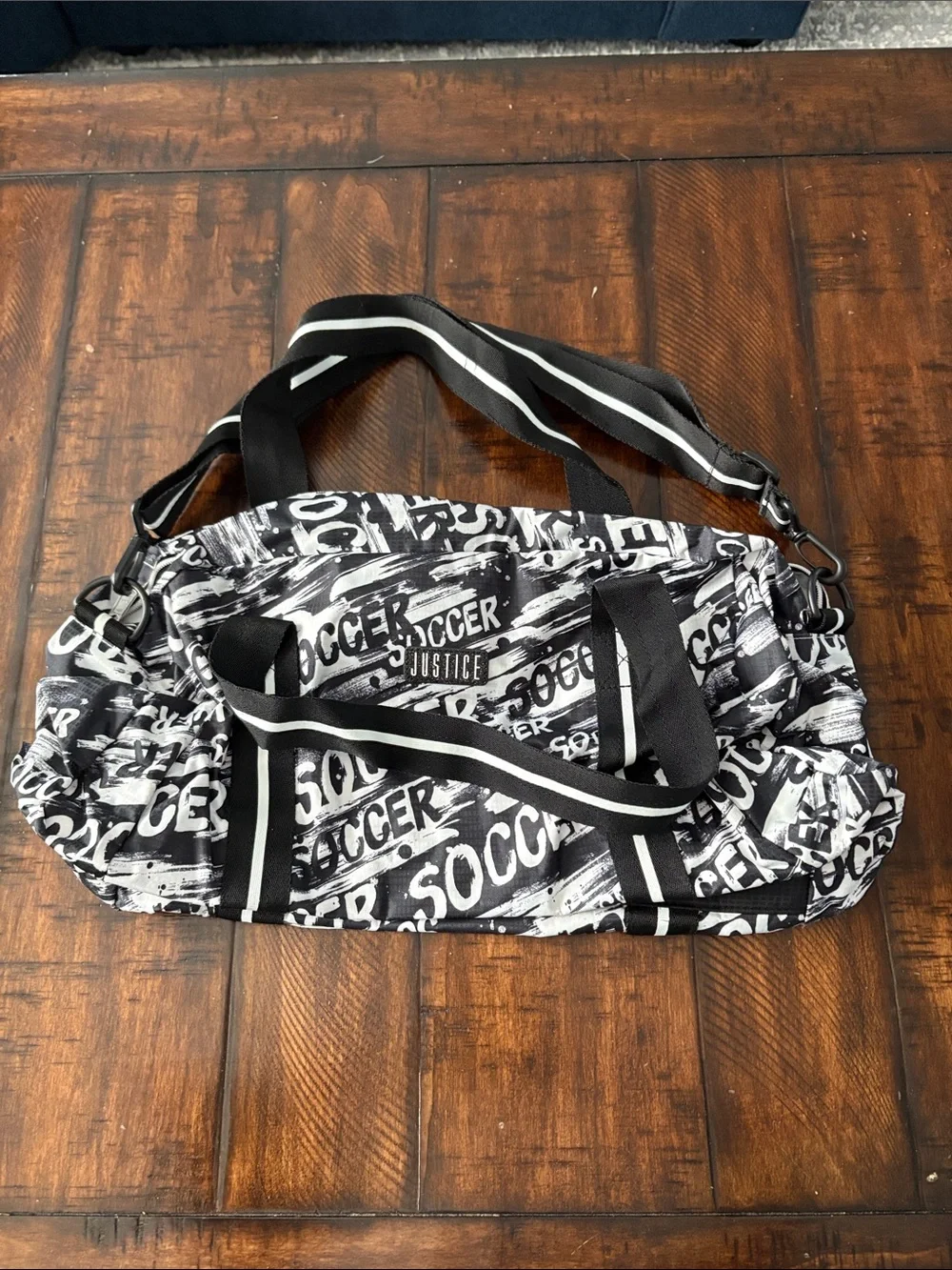 Justice Black & White Soccer Print Duffel Bag