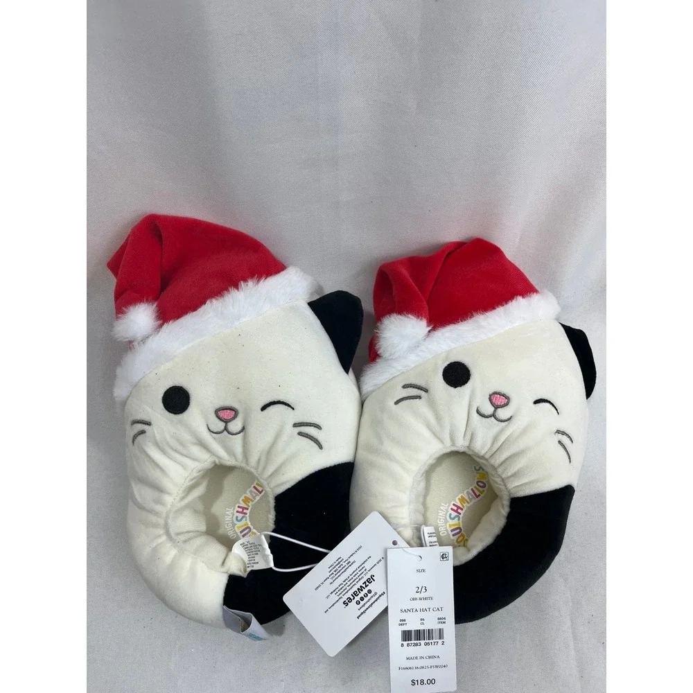 Squishmallows Santa Hat Cat Plush Slippers Kids Size 2/3 Off-White Black Holiday