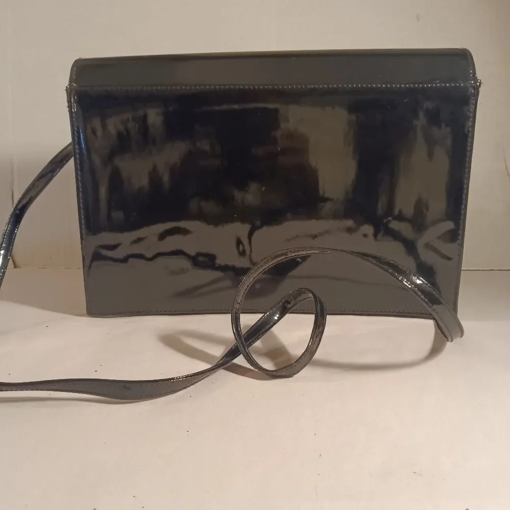 Vintage Black Patent Leather Envelope Clutch with Crossbody Strap