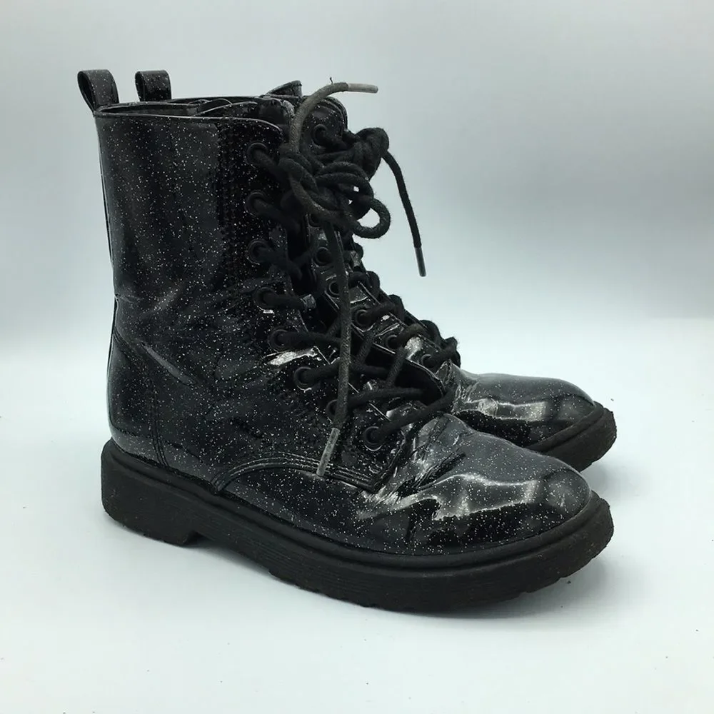 Madden Girl Black Patent Silver Sparkle Combat Boots Lace & Zip Girls 3
