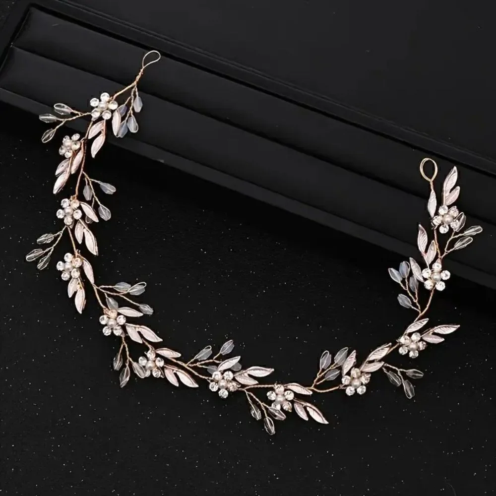 Bridal Floral Pearl and Crystal Hair Vine Wreath Silver or Rose Gold