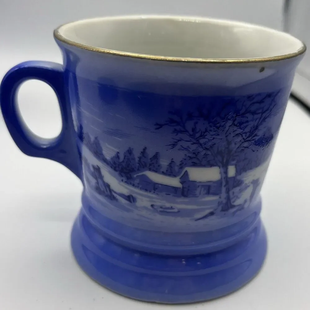 Vintage Currier And Ives Shaving Mugs Blue & White Lot of 4 Different Designs