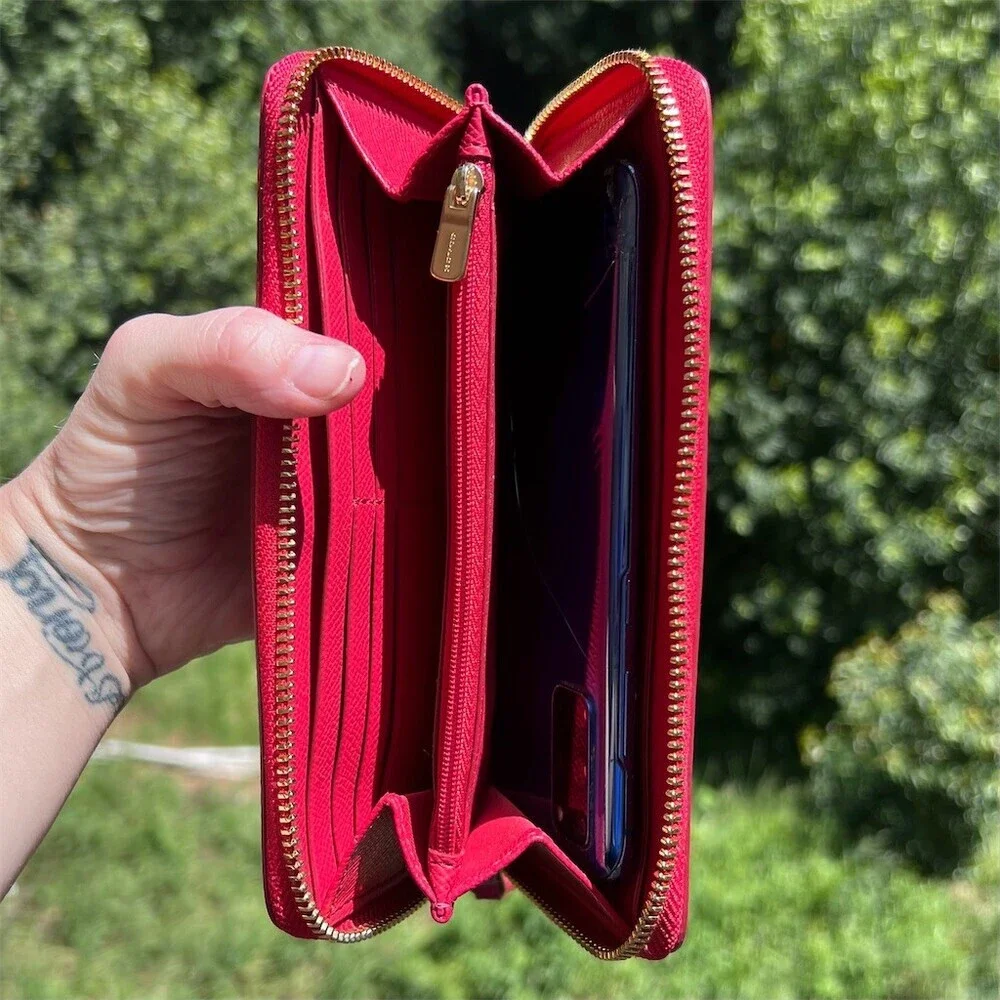 COACH Long Zip-Around Wallet Pebble Leather RED with Gold Hardware AUTHENTIC
