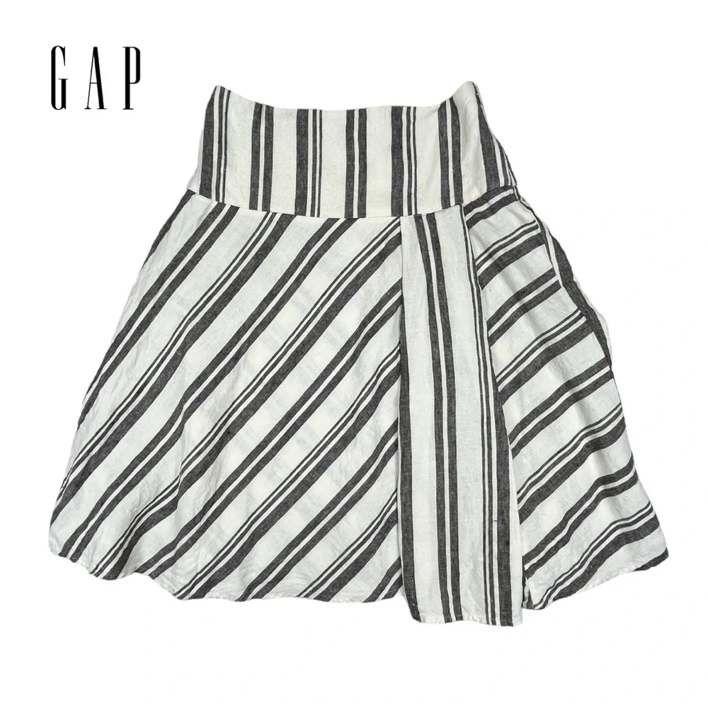 Gap | Women 6R | 100% Linen‎ Ivory & Gray Striped Circle Knee Length Skirt