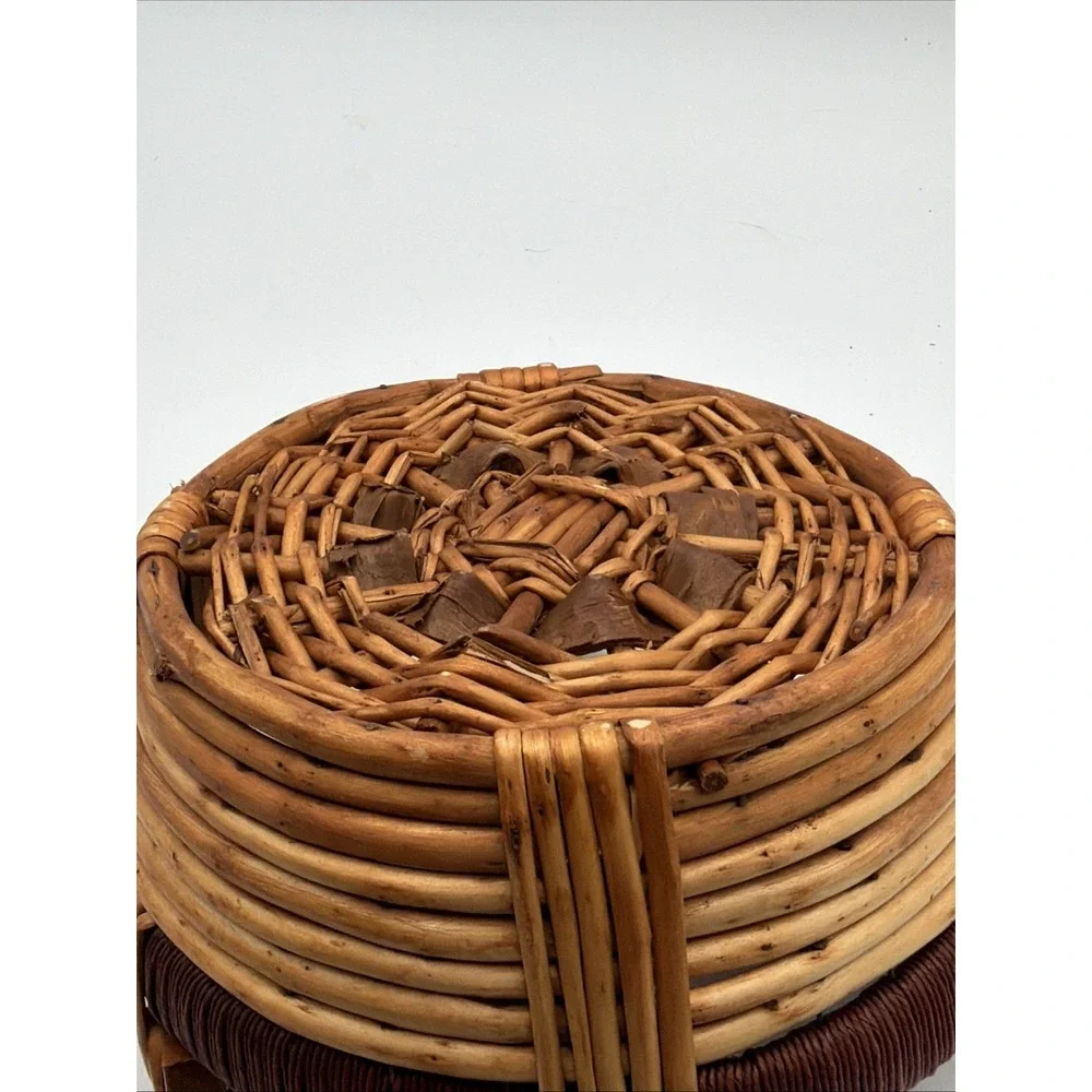 Vintage Gathering Basket Split Reed Jute Log Wood Handles Folk Art Rustic