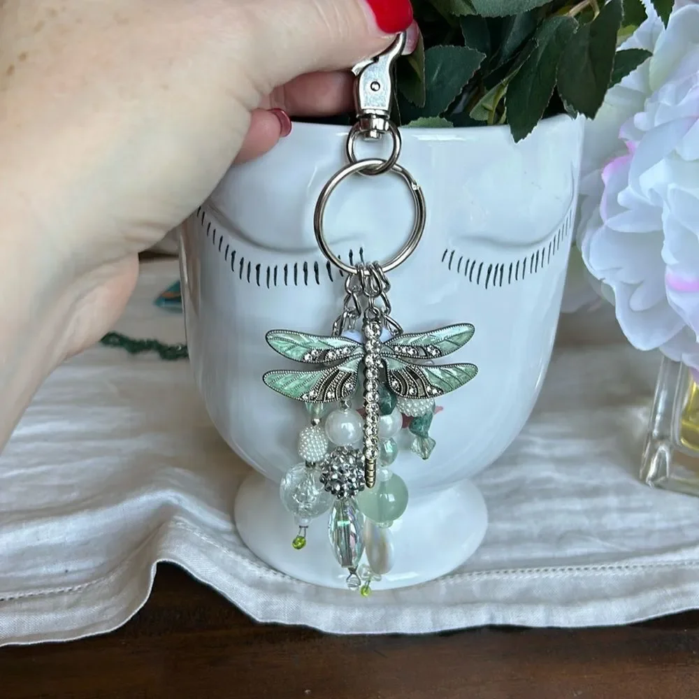 Hand made key chain dragonfly with stones NeW