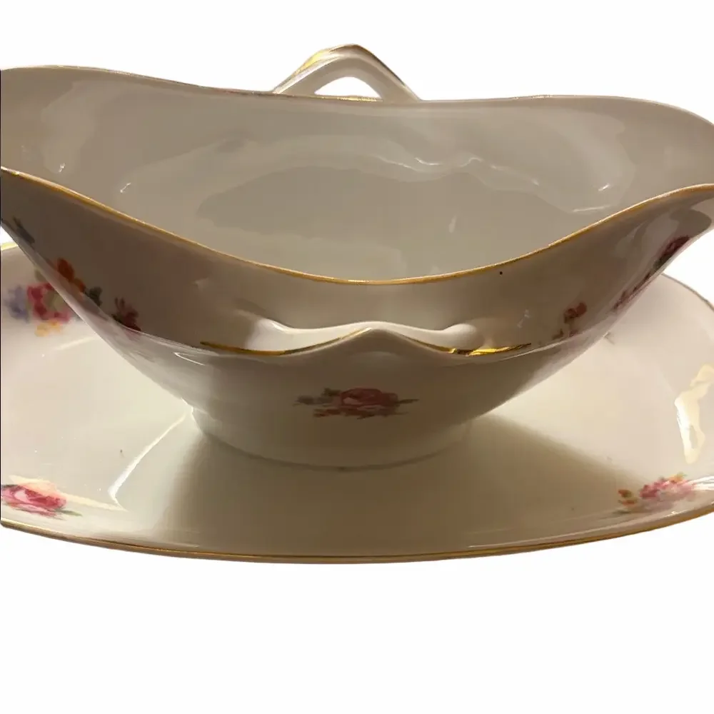 HJ Co Bavaria Germany  Floral Gravy Boat with attached Saucer