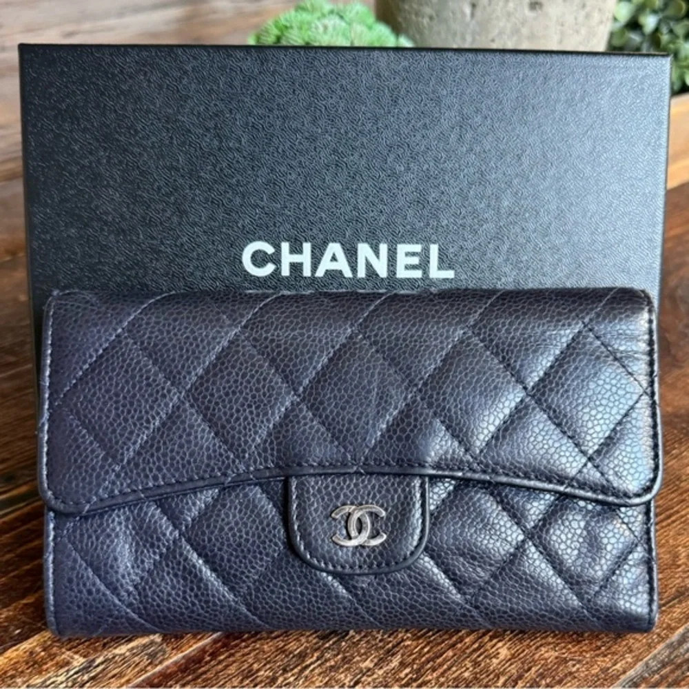 CHANEL Classic L-Flap Caviar Navy Blue Quilted Long Wallet