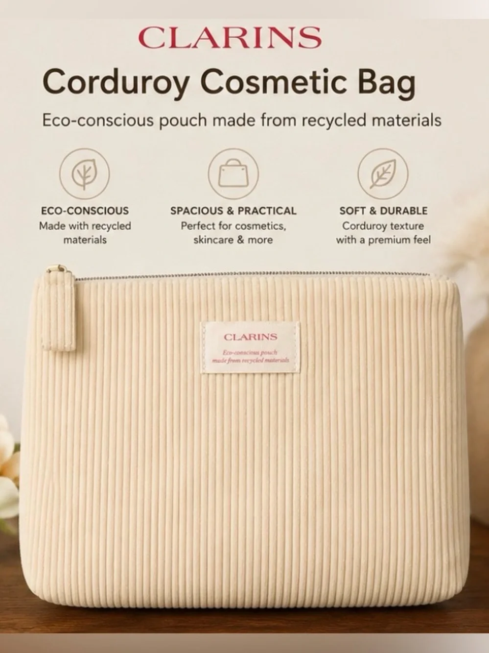 Clarins Corduroy Cosmetic Bag – Cream Eco-Conscious Makeup Pouch  NEW IN PACKAGE