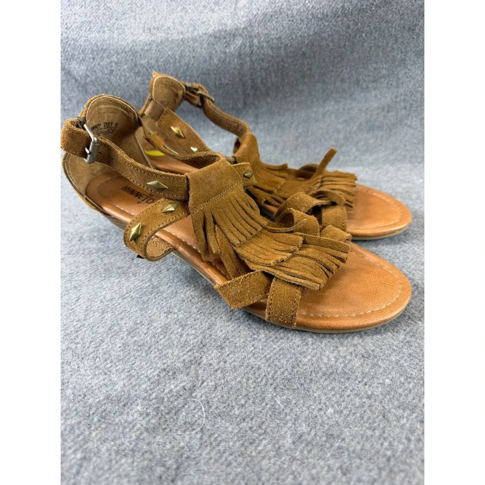 Minnetonka Sandals‎ Women 9 Brown Leather Suede Fringe Studded Flats Boho