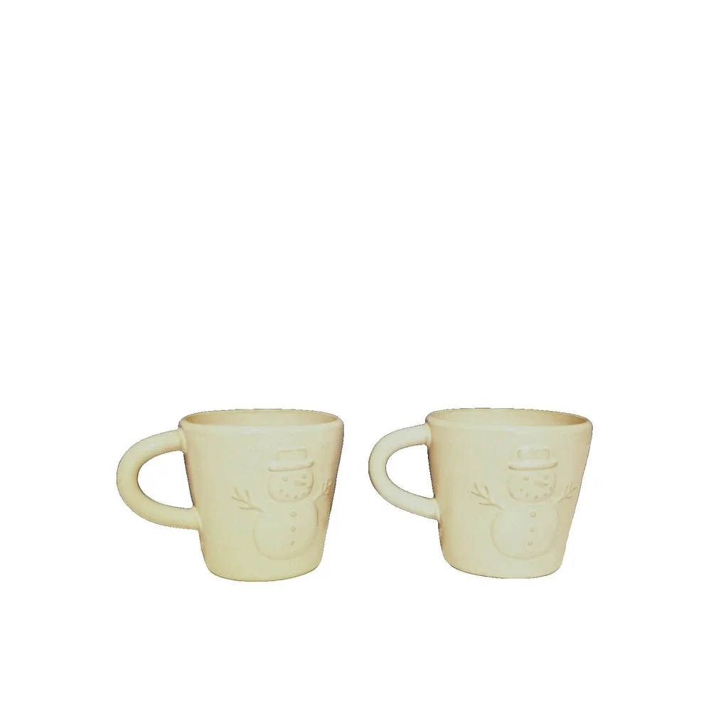 2 Pottery Barn Stick Man Snowman Ceramic Coffee/ Hot Coco Lot-‎ Christmas