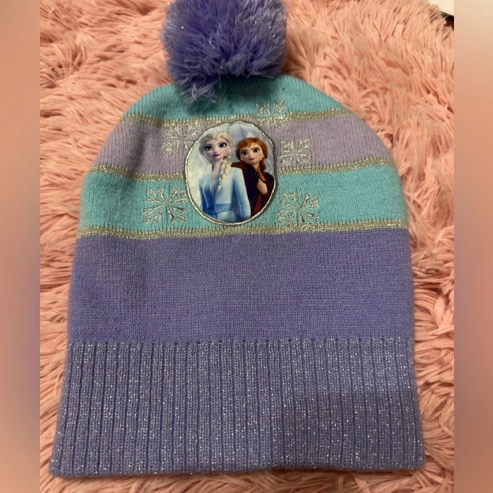 EUC Frozen Kids Beanie with Pom Pom -‎ Blue and Purple One Size