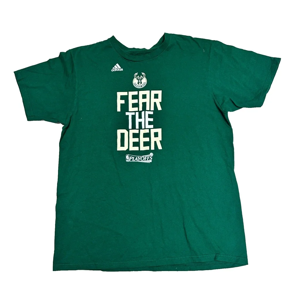 Adidas Milwaukee Bucks Fear The‎ Deer Logo T-Shirt Mens Large Green NBA Tee