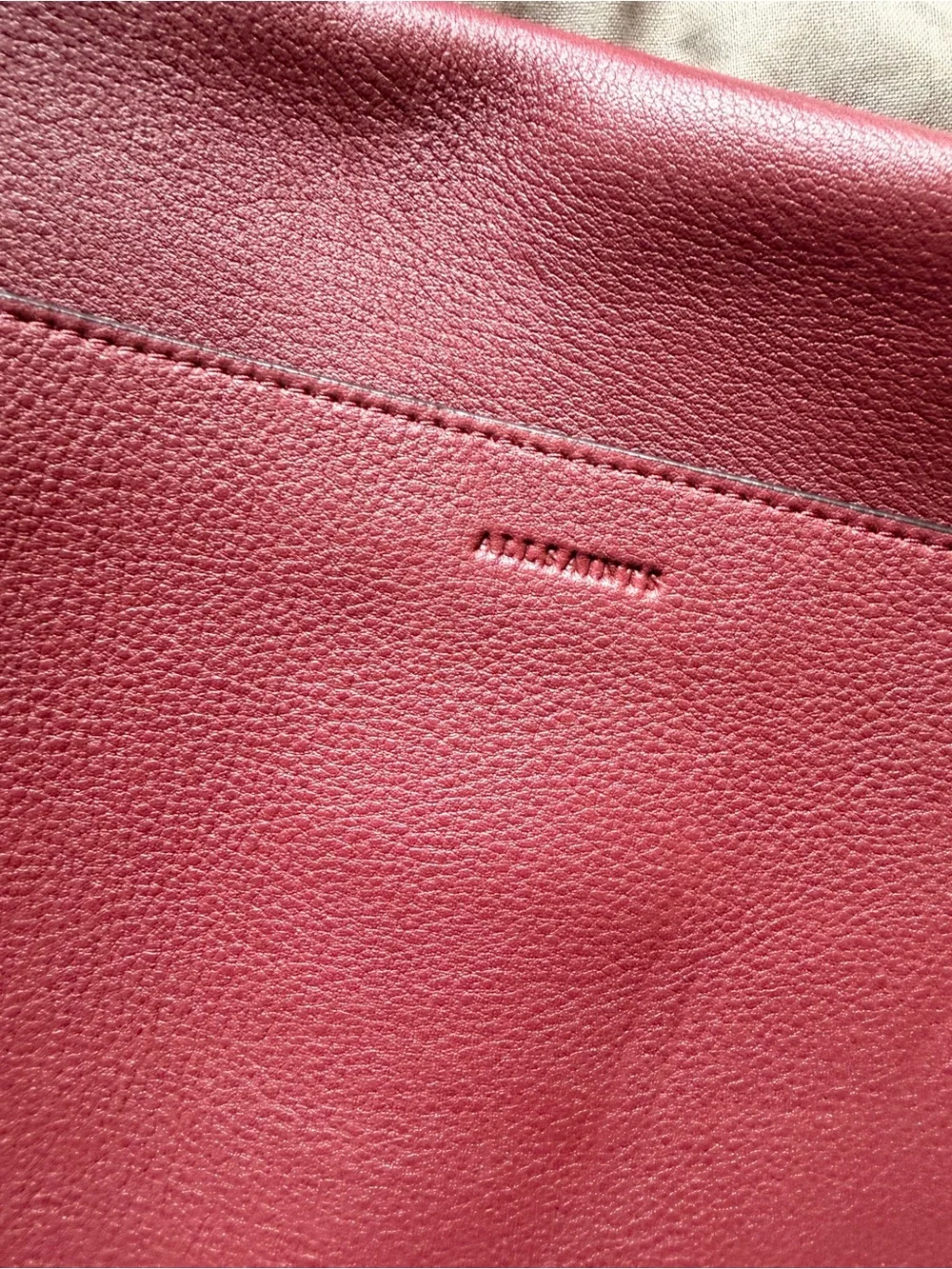 All Saints Burgundy Leather Messenger Bag with Gold Accent