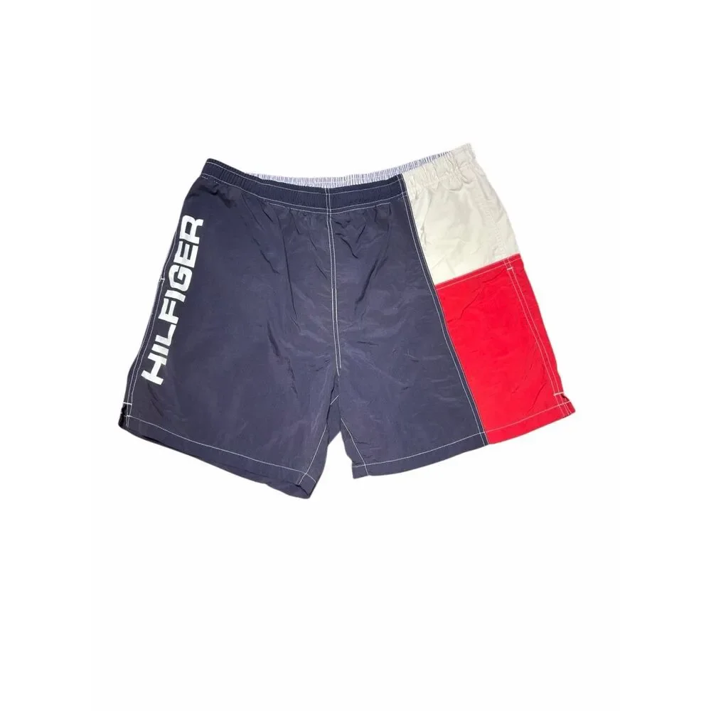 Vintage Tommy Hilfiger Swim Trunks Mens Large USA Navy Blue Drawstring 90s