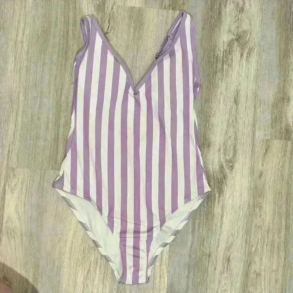 Kona Sol Purple Stripe V Neck Low Back High Leg One Piece Swimsuit Size L