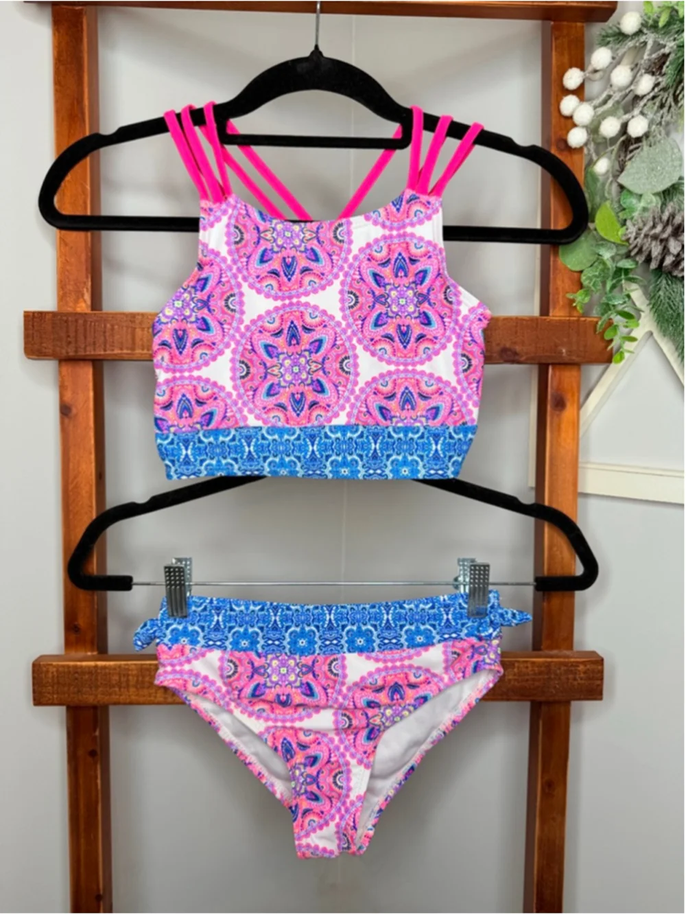 Girls Nicole Miller New York Bikini M Pink Blue Paisley