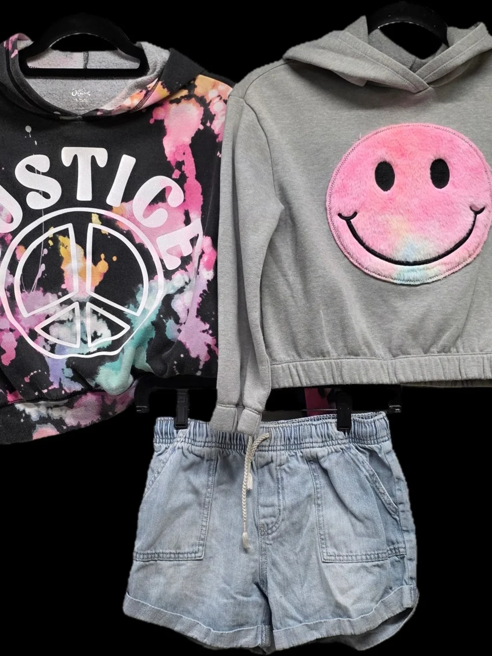 Justice & Smiley Face Hoodie Bundle with Cat & Jack Shorts Girls 10/12