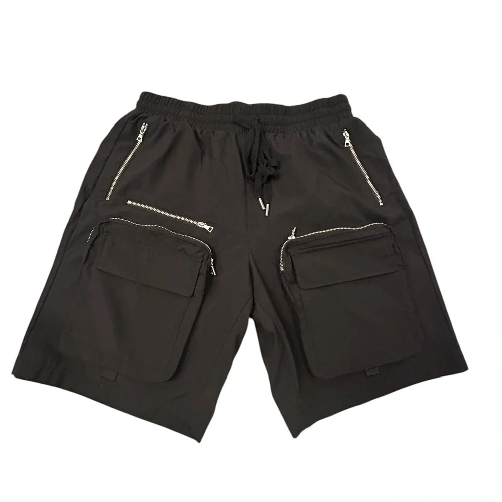 Nova Men’s Silver Zippered 7‎ Pocket Black Cargo Shorts 30x9” Drawstring