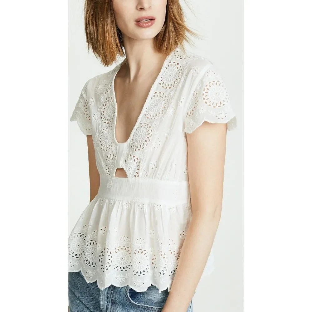 New! FREE PEOPLE Truly Your Eyelet Cutout Peplum Top Blouse Size Small Ivory