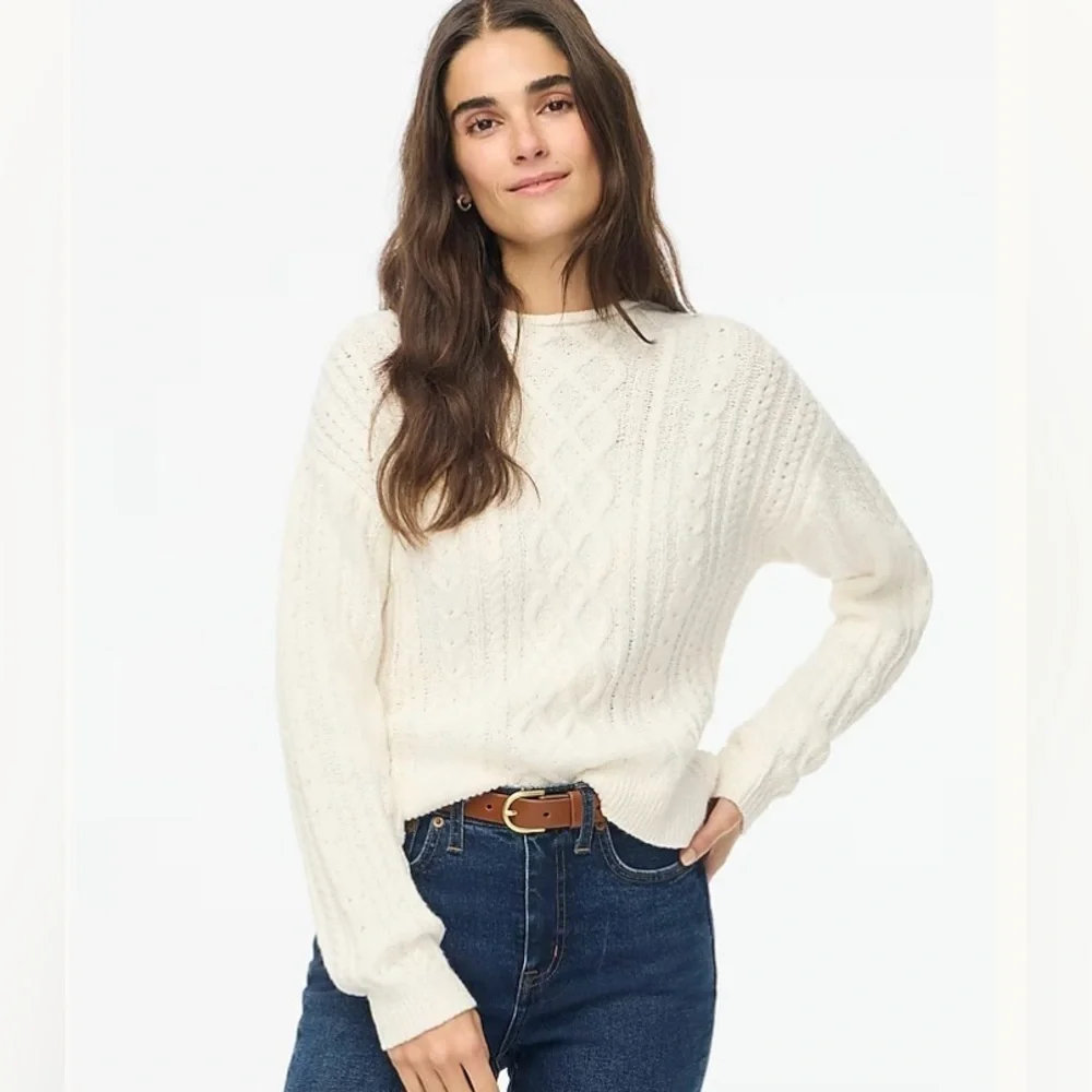 J. Crew Women's Cream/White Cable Knit Sweater, Mock Neck, Long Sleeve, Size XS