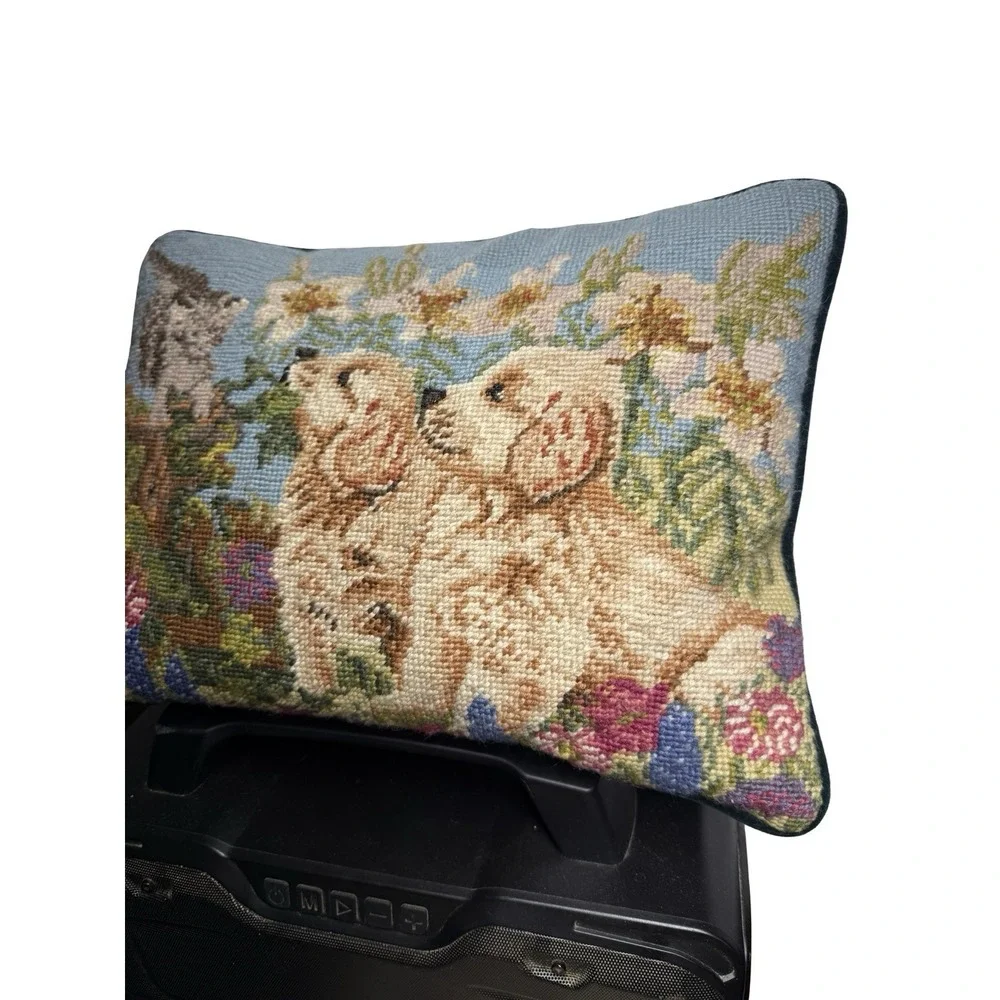 VTG Needlepoint Throw Pillow Golden Retriever Puppies Cat Floral Velvet Back