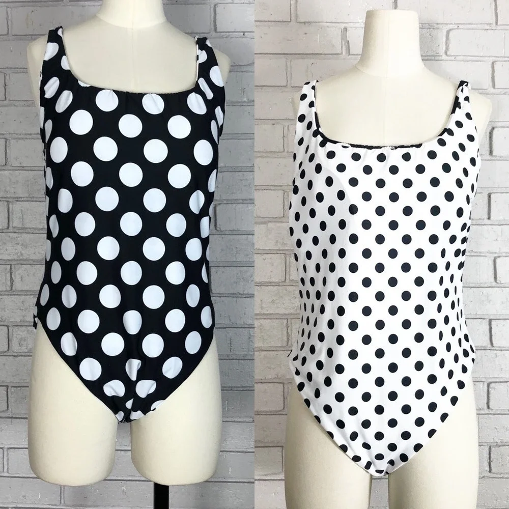 La Blanca Reversible Polka Dot One Piece Swimsuit‎ Black White  | Size 16