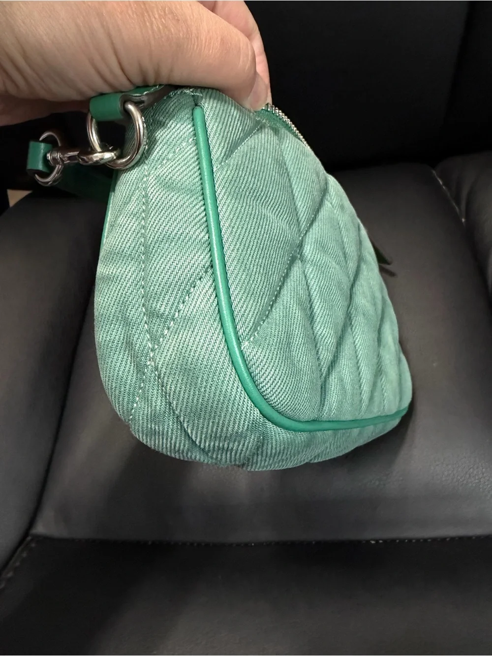 Coach Nolia Green denim silver hardware wristlet/mini bag