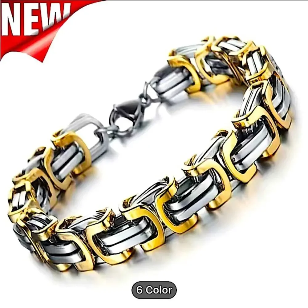 STAINLESS STEEL BYZANTINE MECHANIC SILVER GOLD BIKER BRACELET