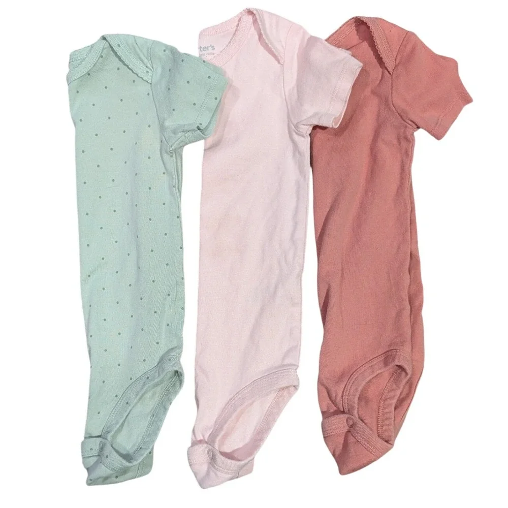 Carter's Baby Girls 3 Piece Bodysuit Set Pink Mint‎ Polka Dot Short Sleeve 18MO