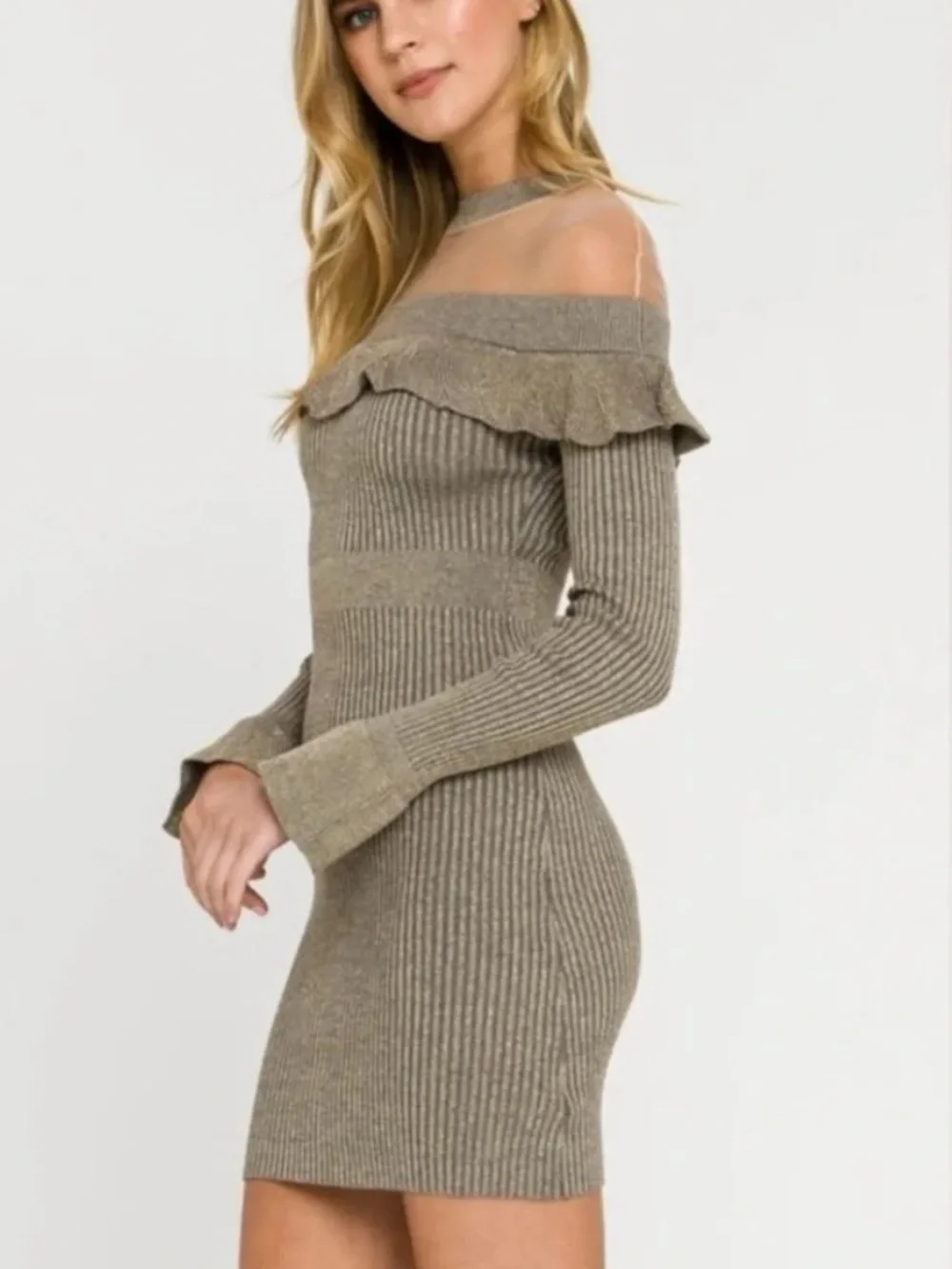 Endless Rose Off-Shoulder Metallic Taupe Ribbed Mini Dress