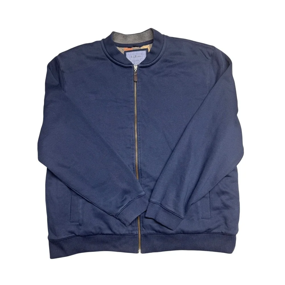 LL Bean Navy Blue Full Zip Bomber Warm-Up Jacket Quilted Plaid Lining XL Reg