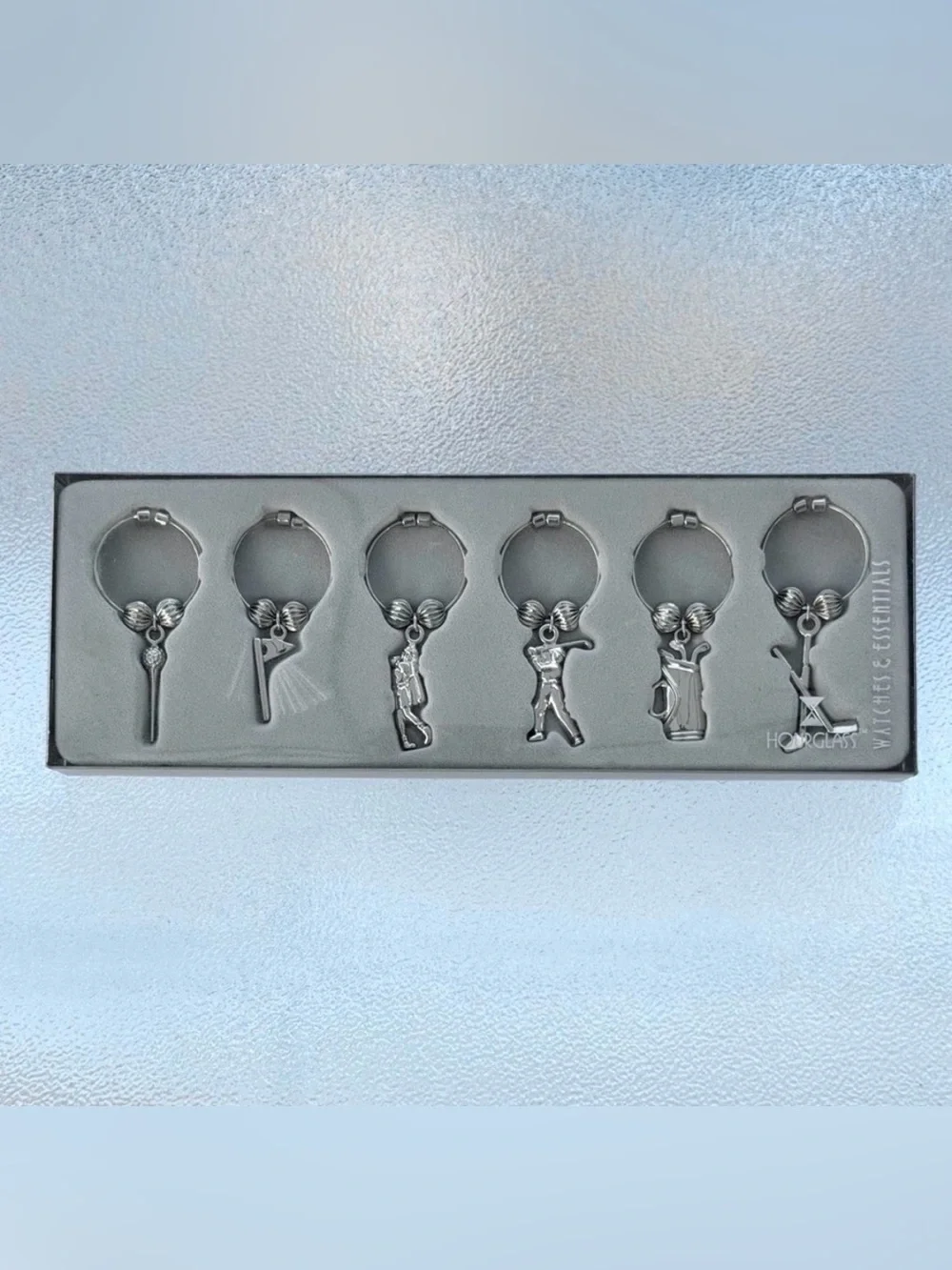 Hourglass Brand Golf Themed Silver-Tone Metal Wine Charms ~ Set of 6