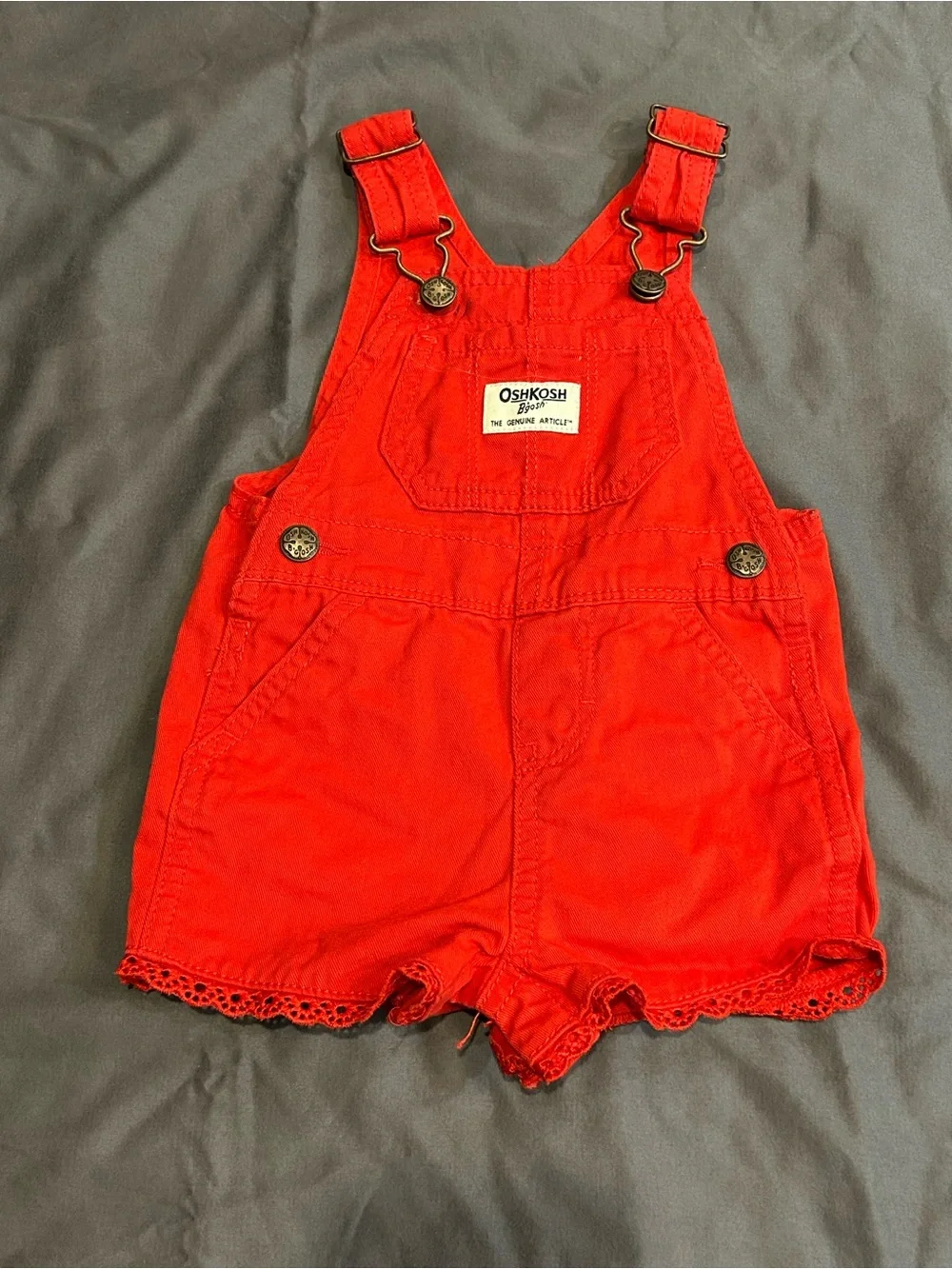 OshKosh B'gosh Bright Red Girls Short Overalls with Lace Trim 6 mos