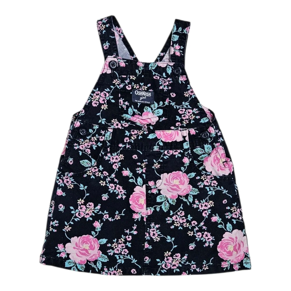 OshKosh B'gosh Girls Floral Overall Dress Jumper 18 Months Vestbak Navy Pink