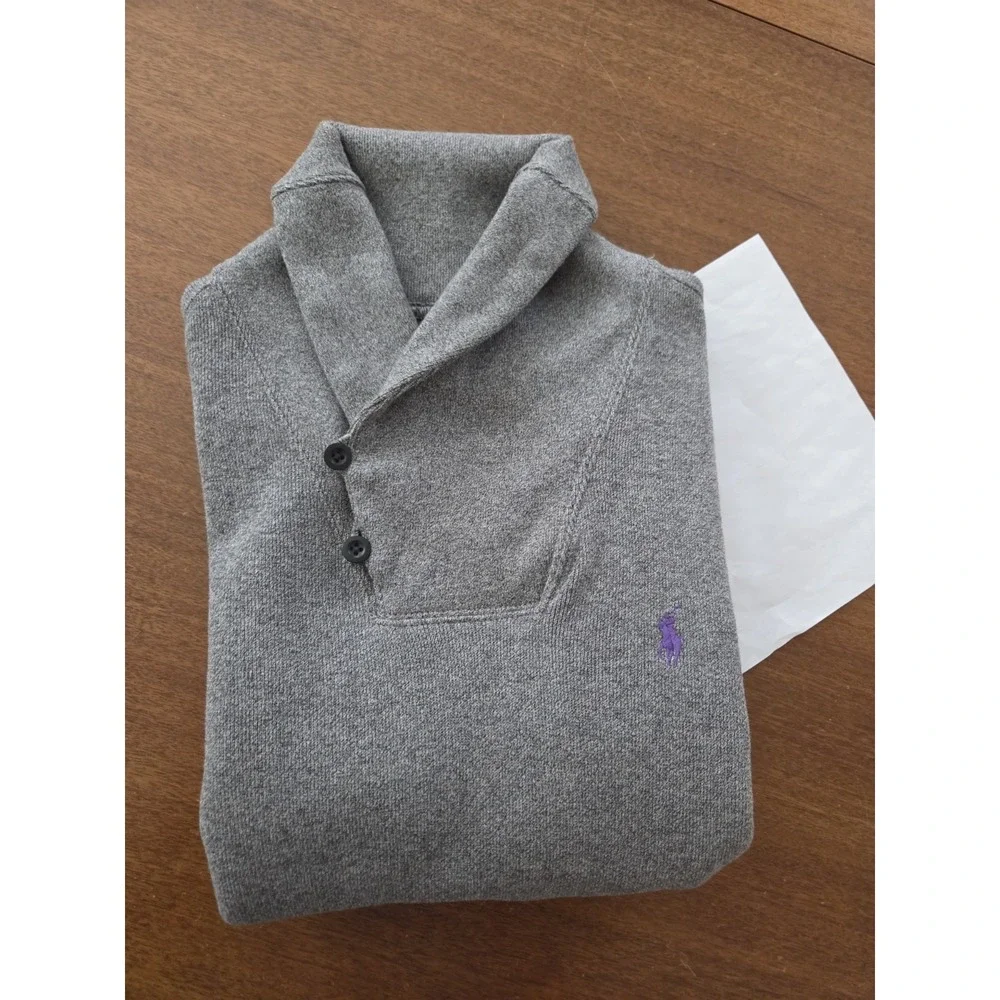 Polo Ralph Lauren Shawl Collar Pullover‎ Sweater Men's Medium Gray W Purple Pony