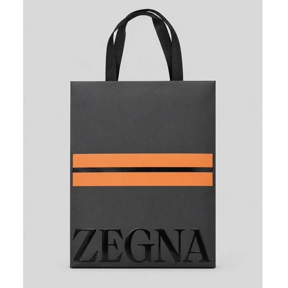 Zegna‎ Black Orange Stripe Embossed Logo Large Paper Shopping Gift Bag 18.5x13.5