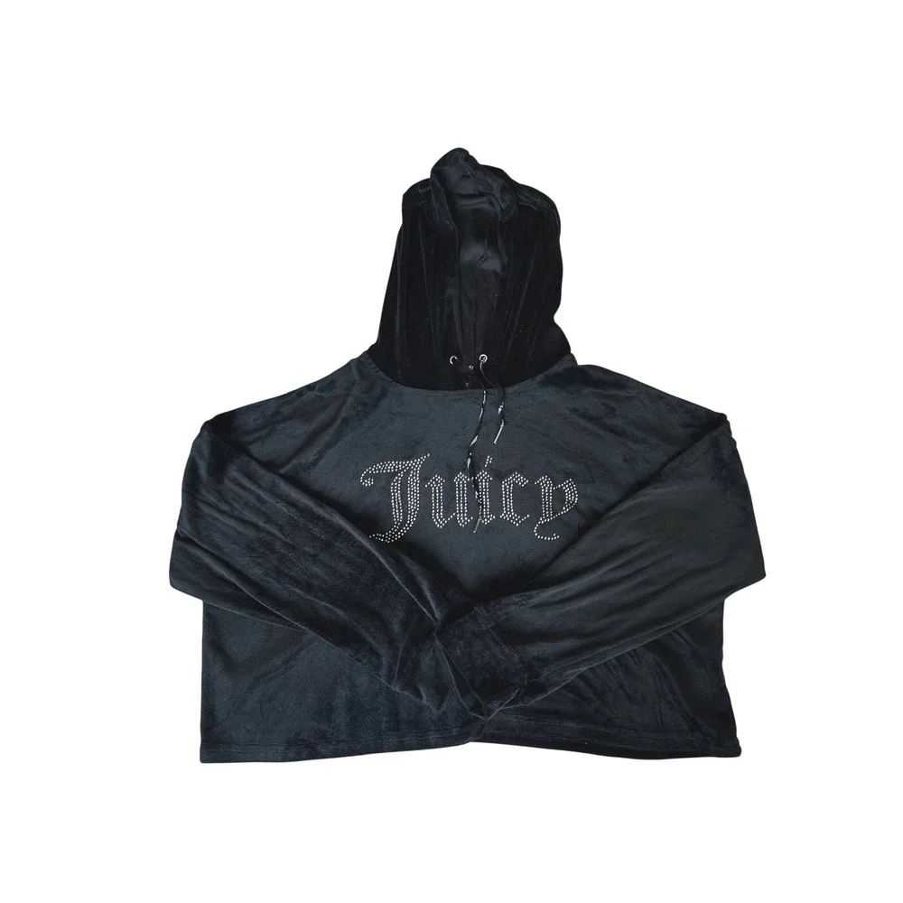L Women's Juicy Couture Sleepwear Loungewear Black Velour Cropped Hoodie Diamond