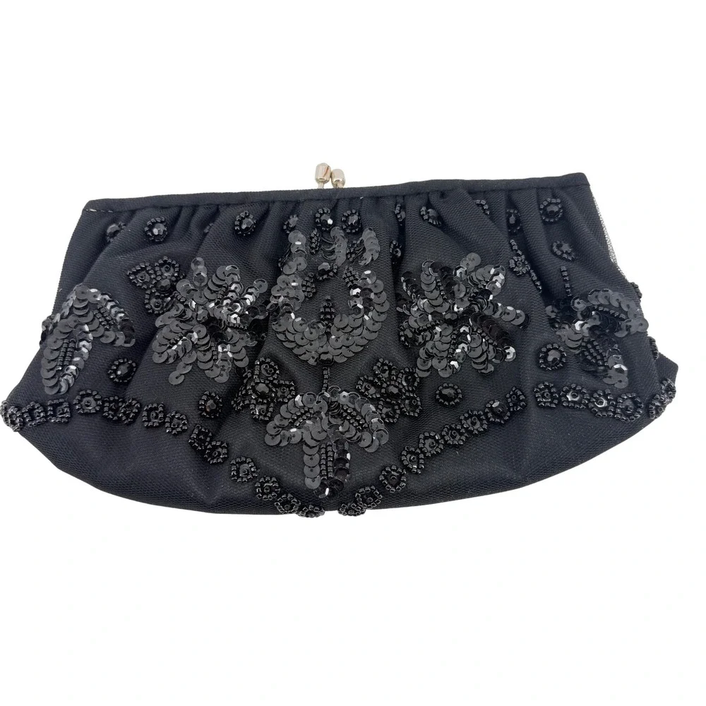 Franchi Women Black Beaded Sequin Floral Evening Clutch Bag Kiss Lock Rhinestone