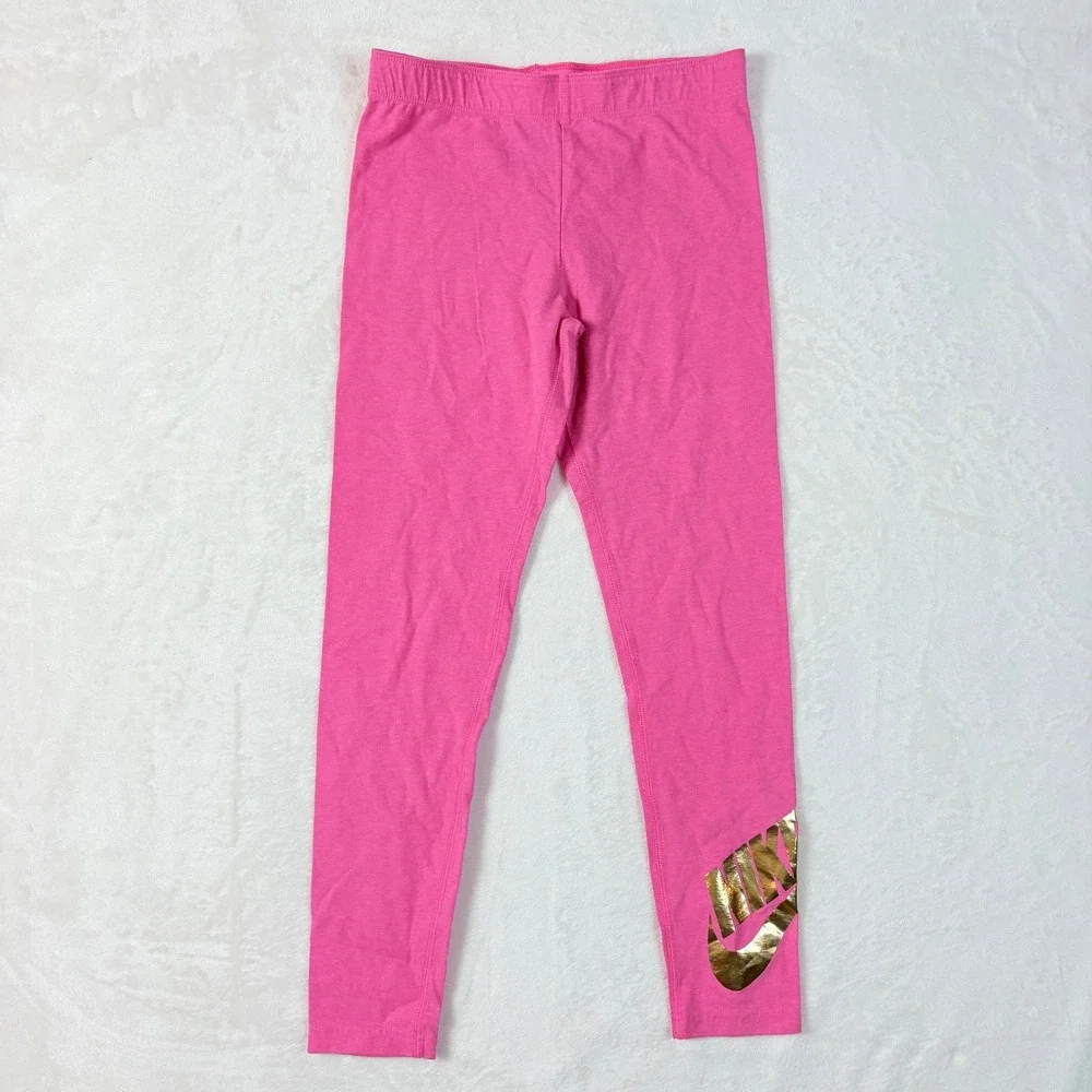 Nike‎ Girls Sz XL Pink Gold Metallic Logo Tight Fit Leggings DM2339-684