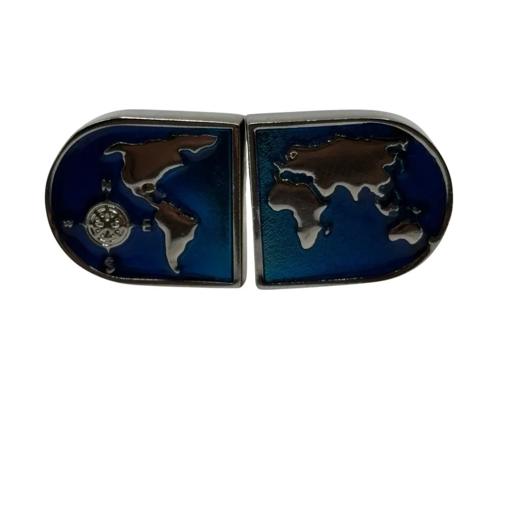 World Map‎ Cufflinks Blue Enamel Silver Tone Bullet Back Globe Navigation Travel