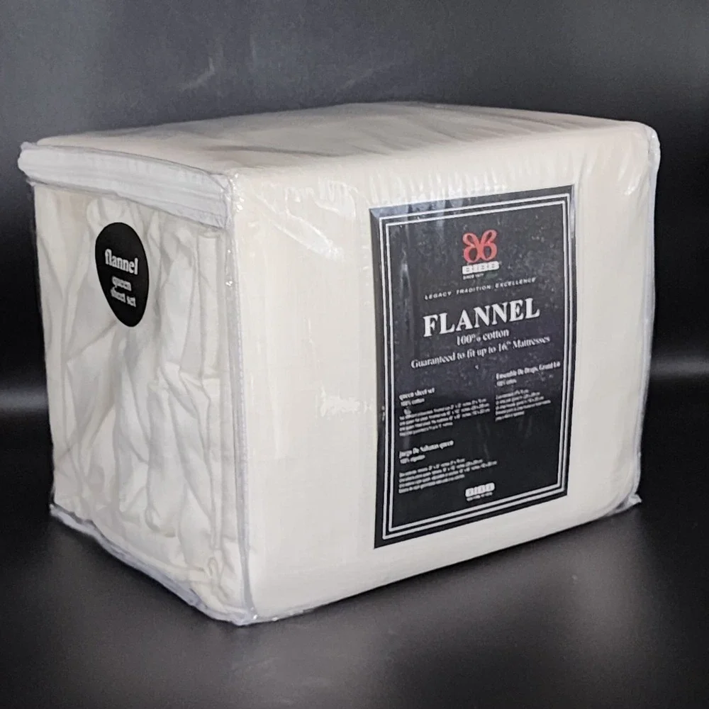 BIBB Home Heavy Cotton Flannel Sheet Set Queen Size Ivory 4pc Soft Cozy And Warm