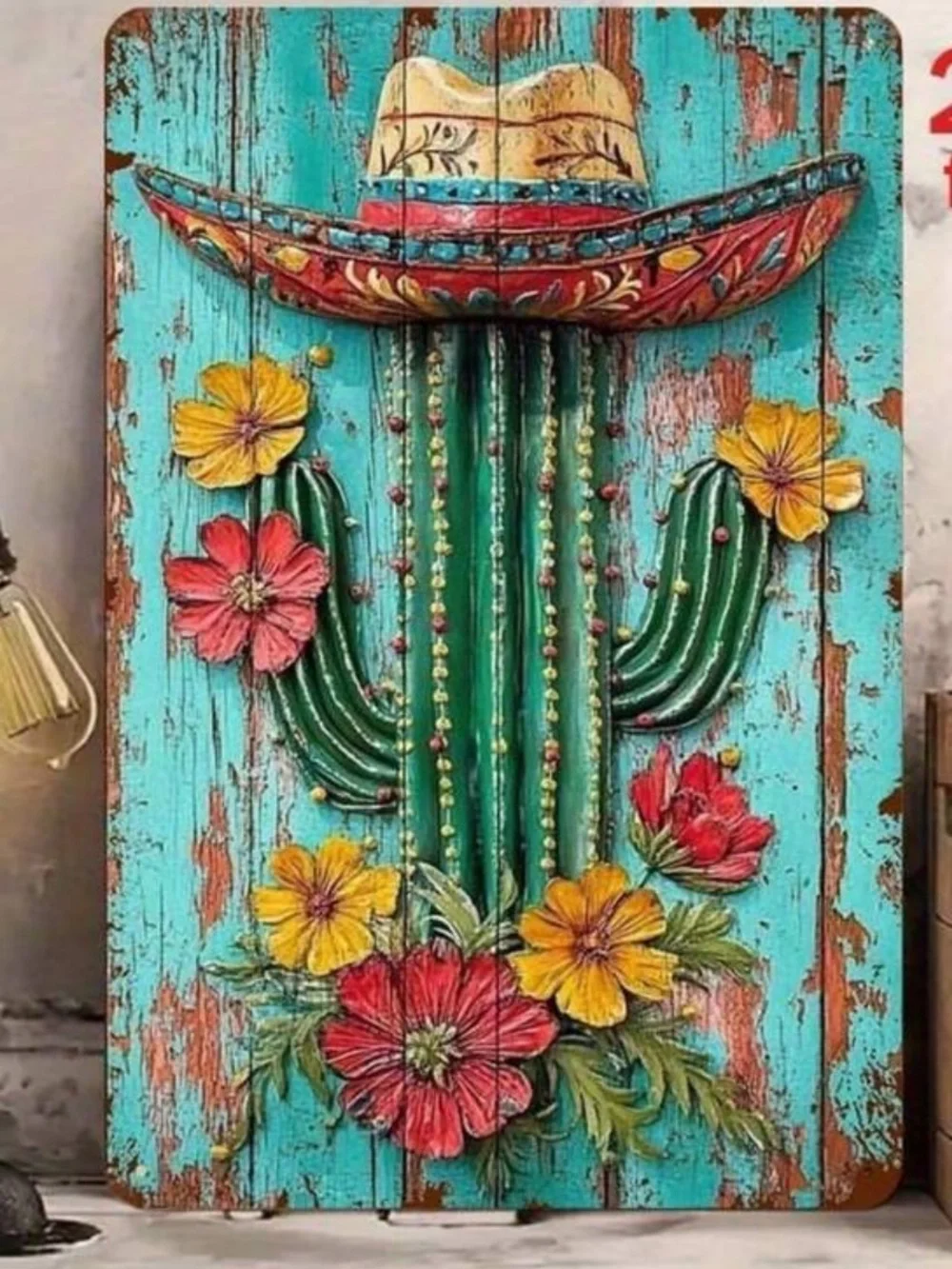 Colorful Cactus Floral Metal Wall Art with Sombrero NEW 🏷️