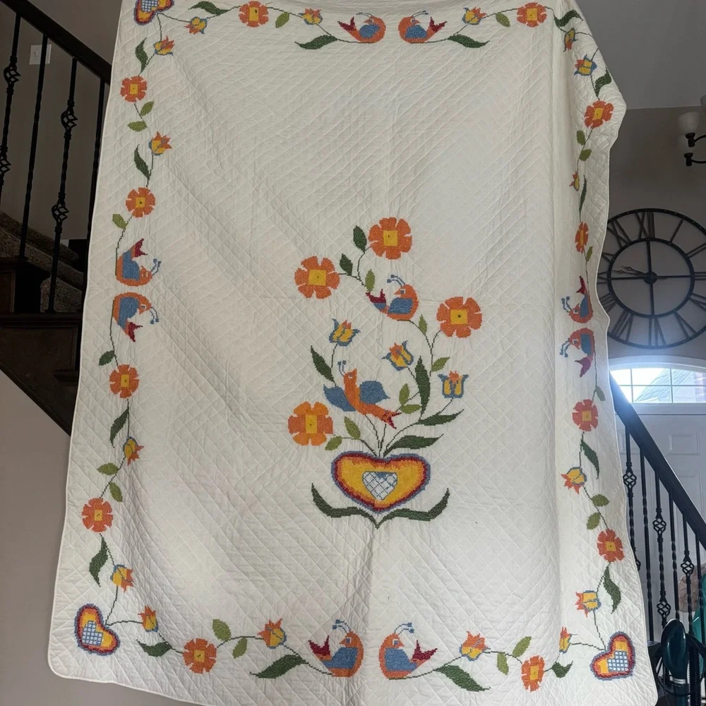 Vintage Lovebirds Needlepoint Quilt‎ Folk Art Heart Floral Bedspread Queen XL